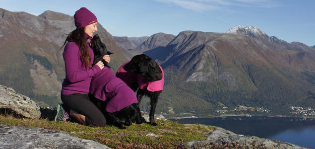 Kvinne med hunder på fjellet, med usikt utover fjorden
